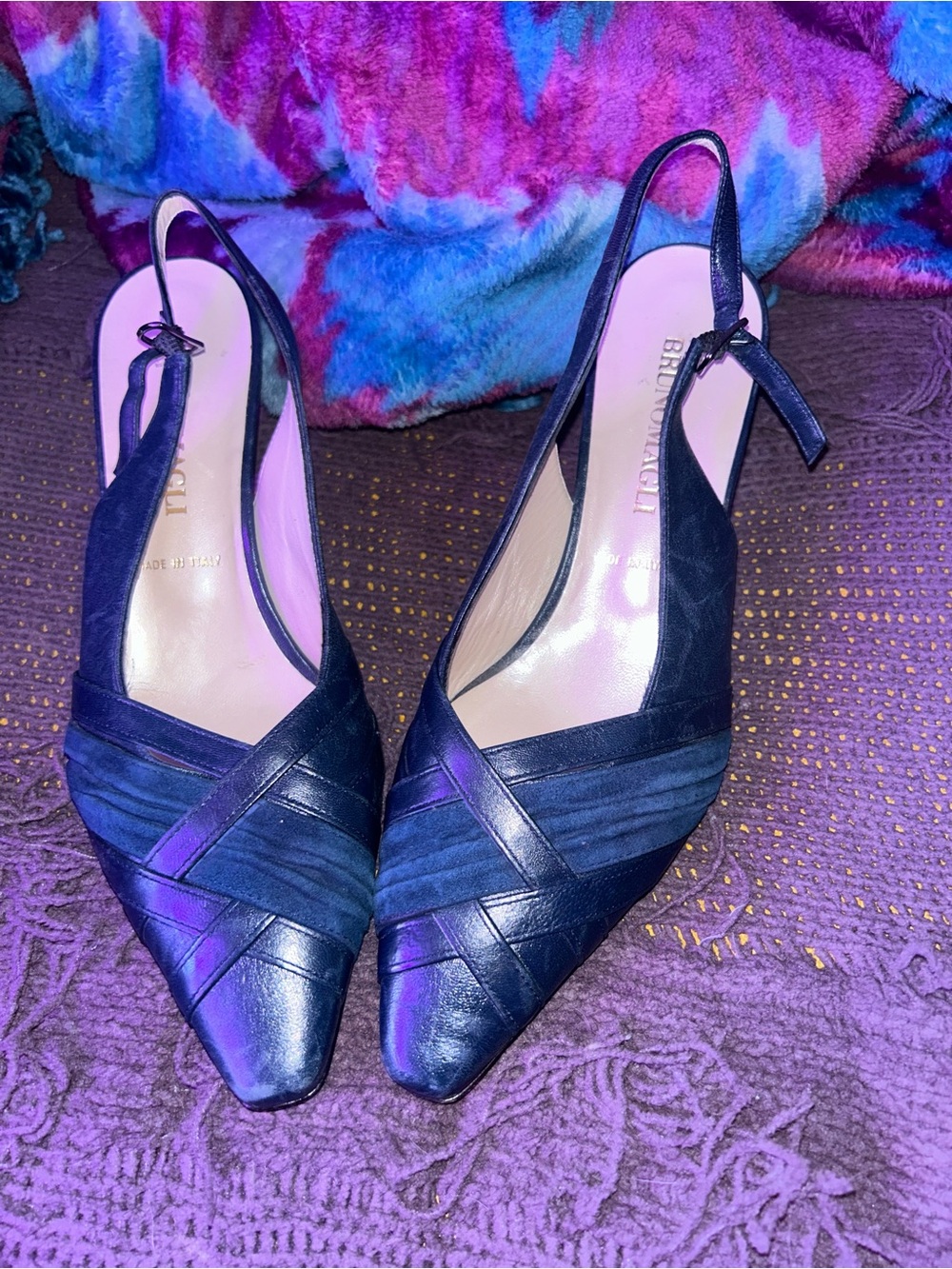 Bruno Magli Navy Blue Pointed-Toe Slingback Mules